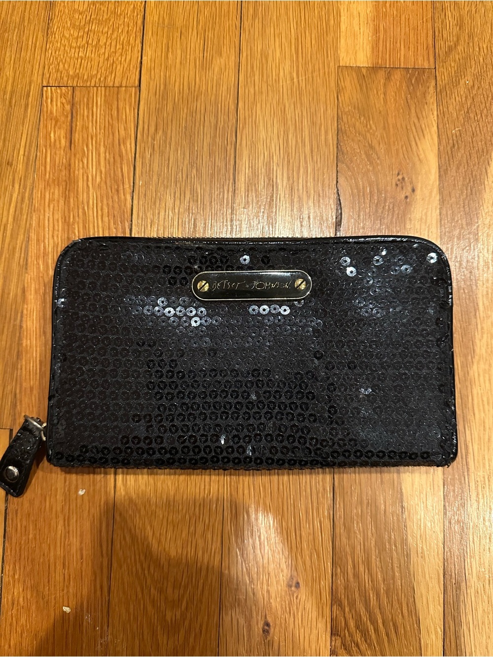 Betsey Johnson Black Sequin Zip-Around Wallet